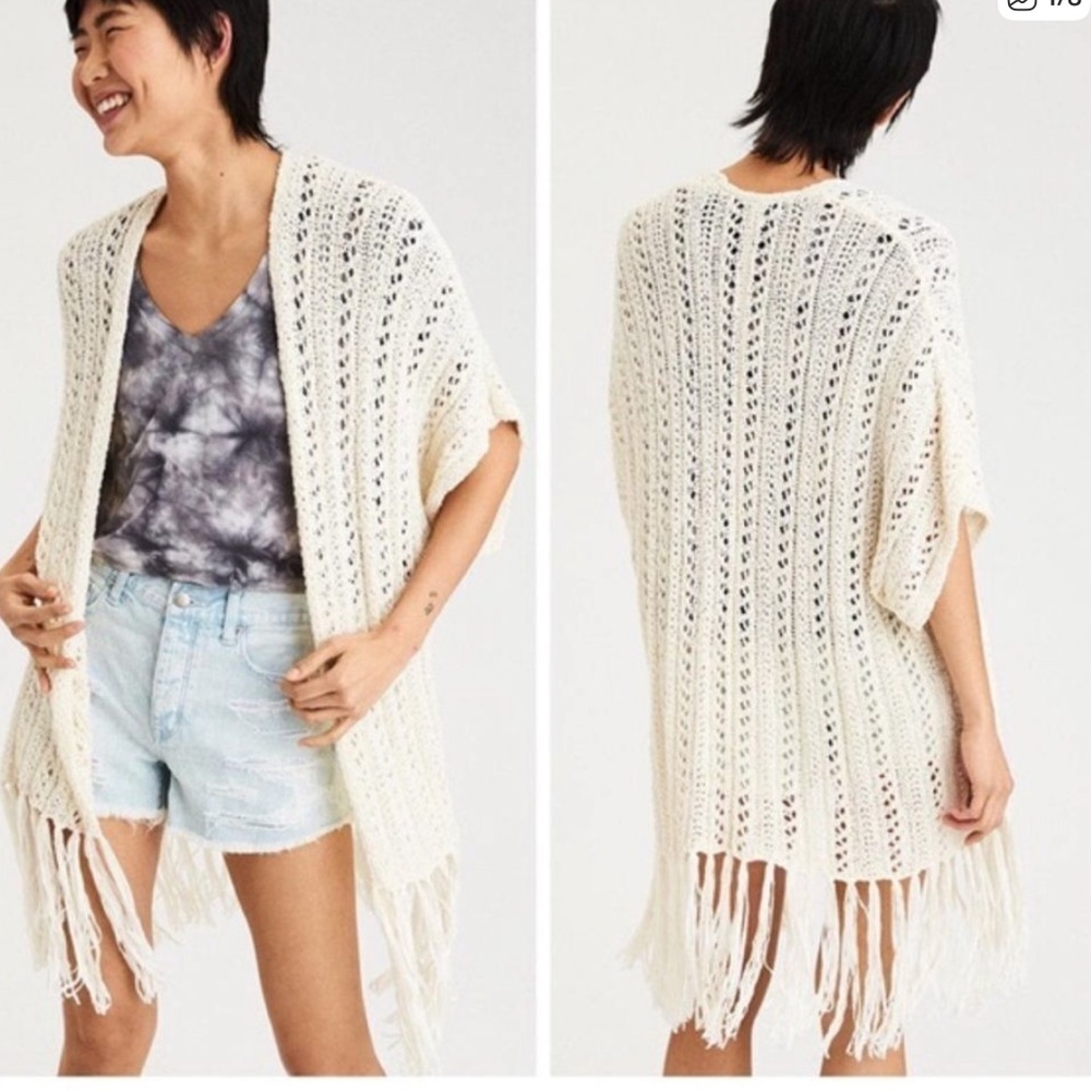 ❤️ American Eagle Fringe Crochet Knit Kimono Shaw Ivory Cream Oversized Boho